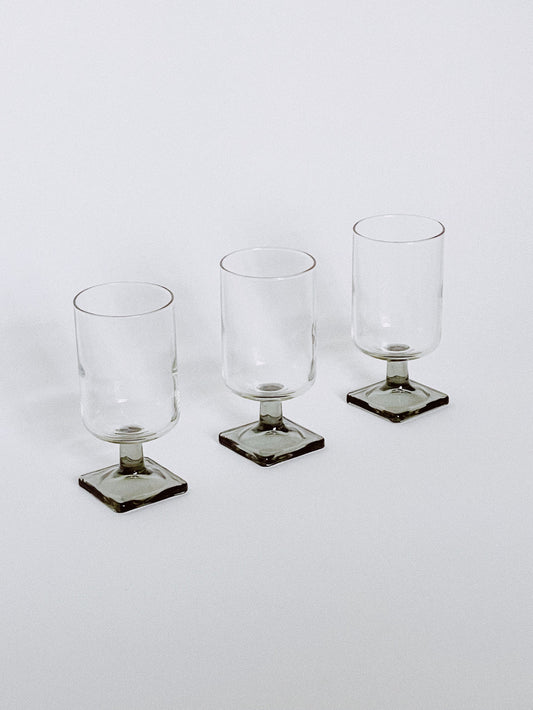 Set of 3 1970s Rosenthal Linear Sherry Glass w/ Smokey Grey Square Base