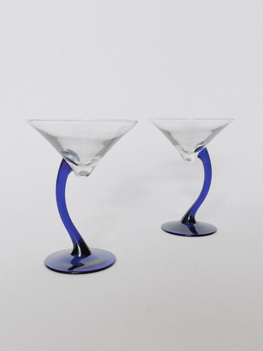 Set of 2 1980s Cobalt Blue Curved Stem Martini Glasses