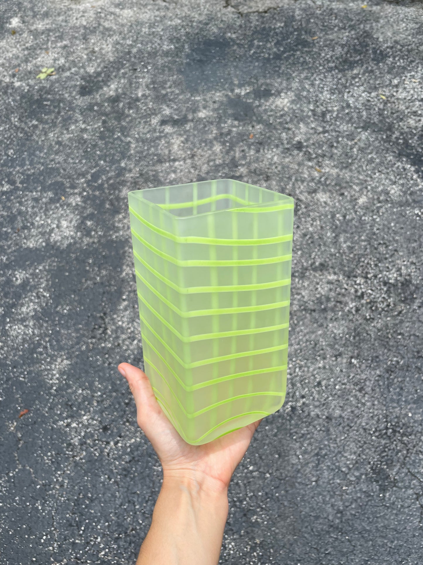 1990s Gridded Green Vase w/ Frosted Glass Finish